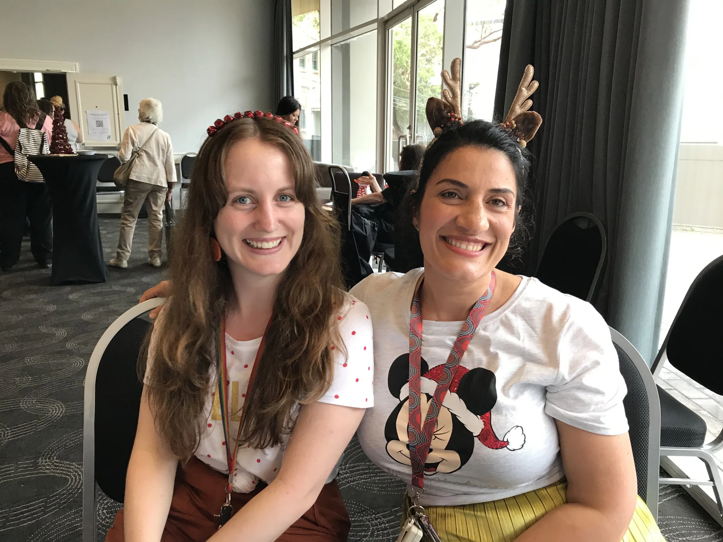Lavender and Mahasti at the client Christmas party